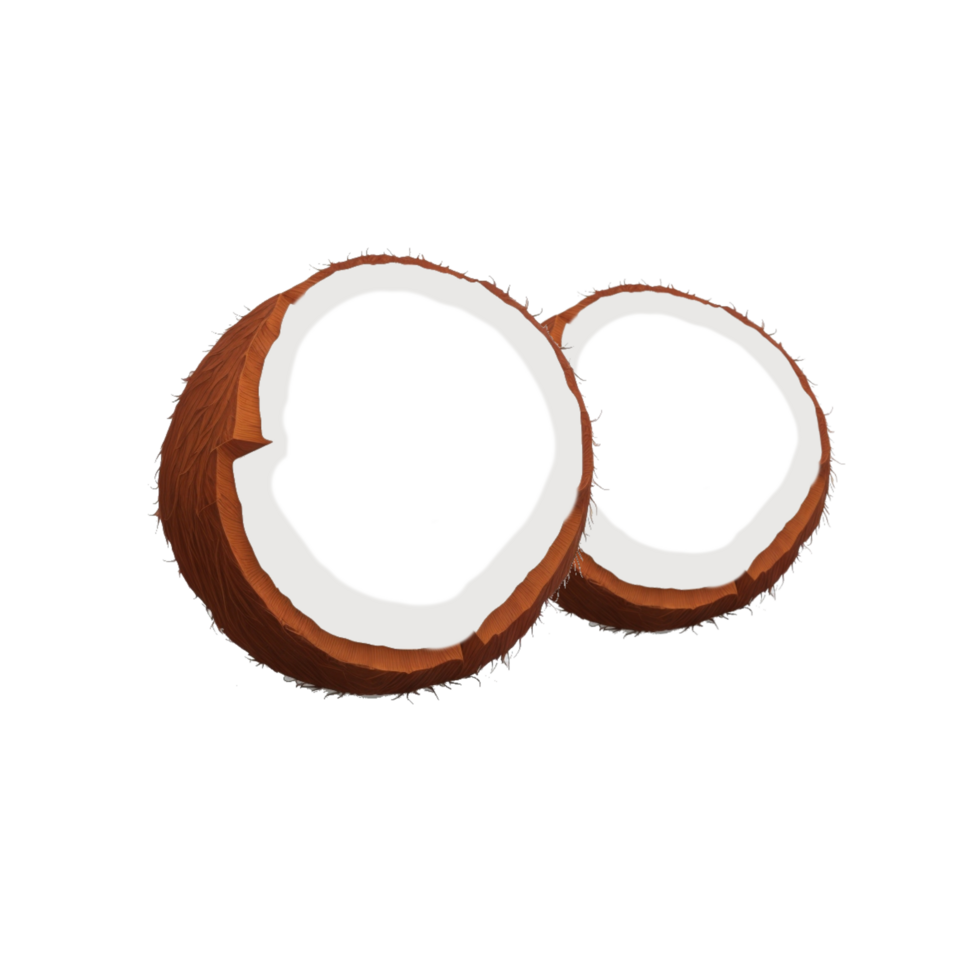 half cut coconut clipart, world coconut day illustration, coconut brown shell with White pulp, Coconut flesh illustration, coconut Interior clipart, coconut background, coconut Tropical fruit png