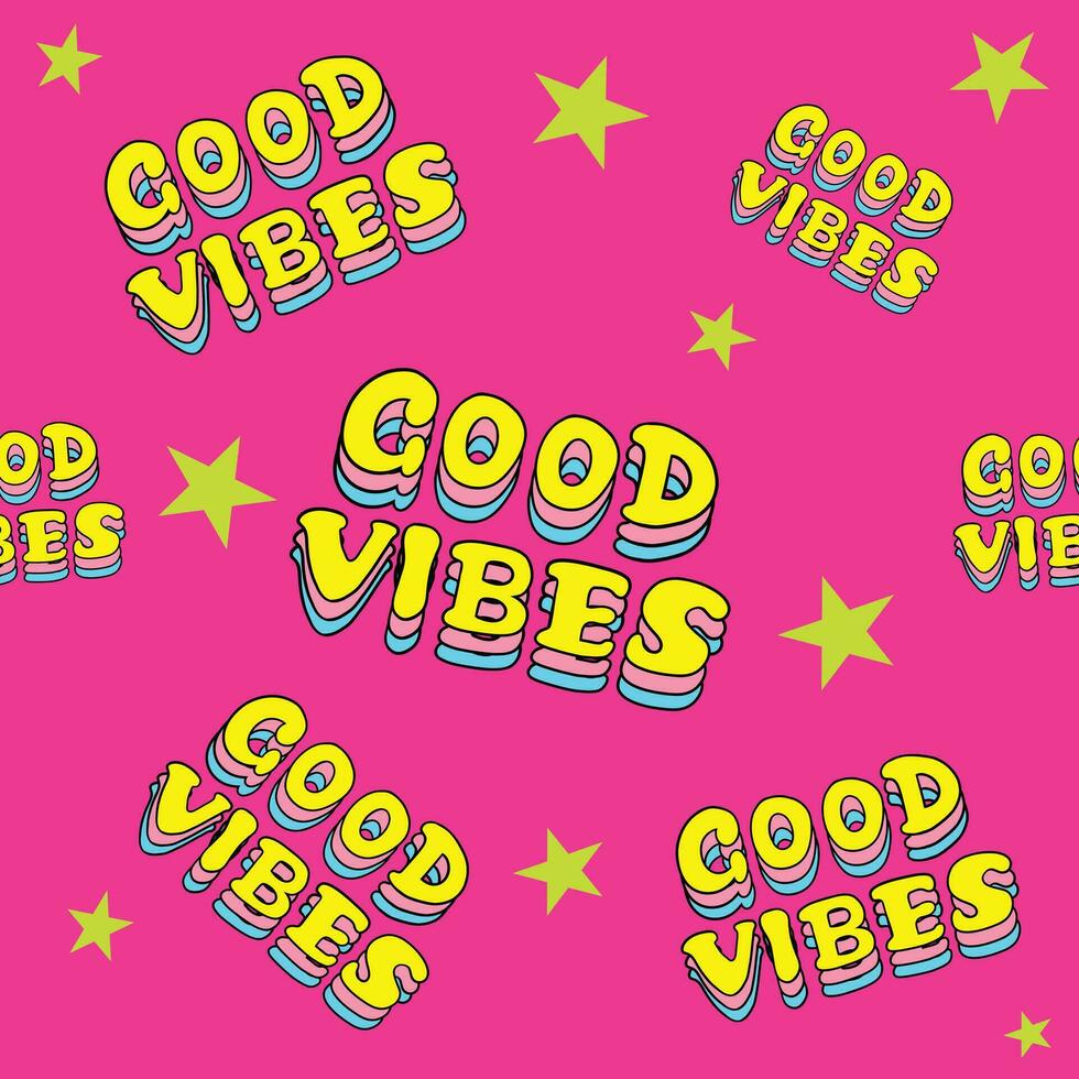 Seamless Pattern Good Vibes Words, Multipal and Colorful, Retro Style vector