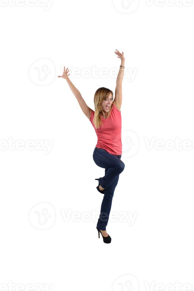 Happy and joyful  woman full of energy with arms raised png