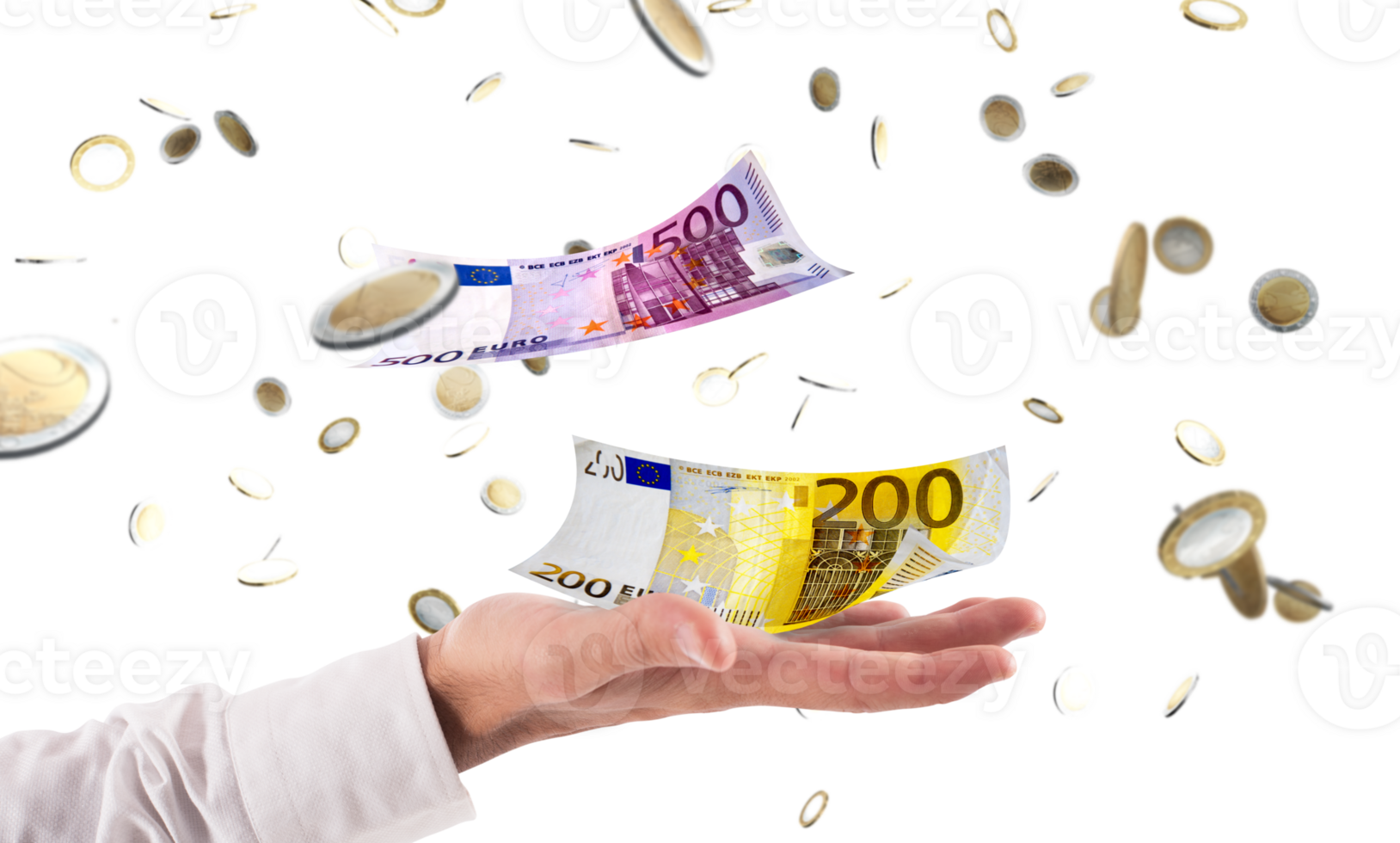 zakenman vangsten regenen geld. concept van succes in bedrijf zaken png