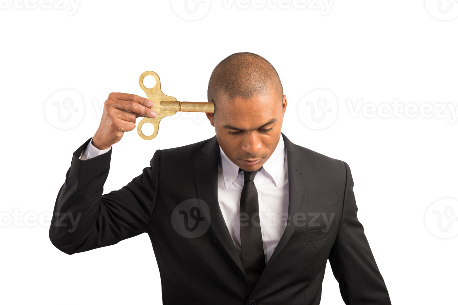 Weary  businessman recharge himself with a key due to overwork png