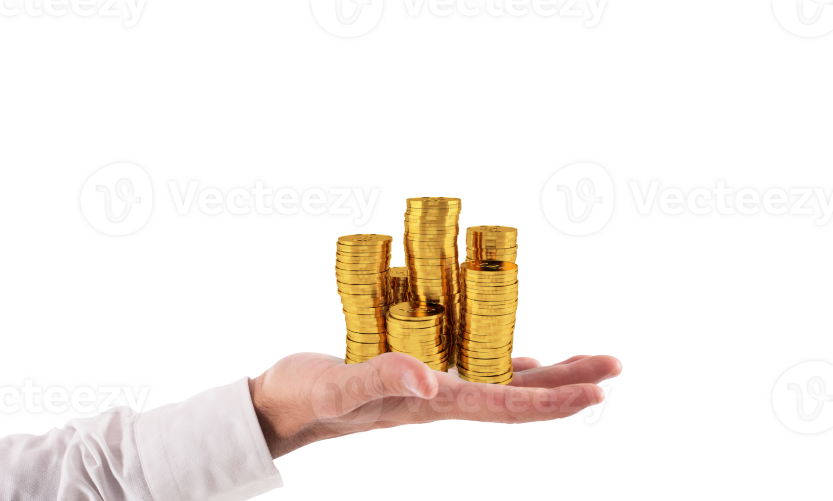 Businessman hold piles of gold money. Concept of success and company growth png
