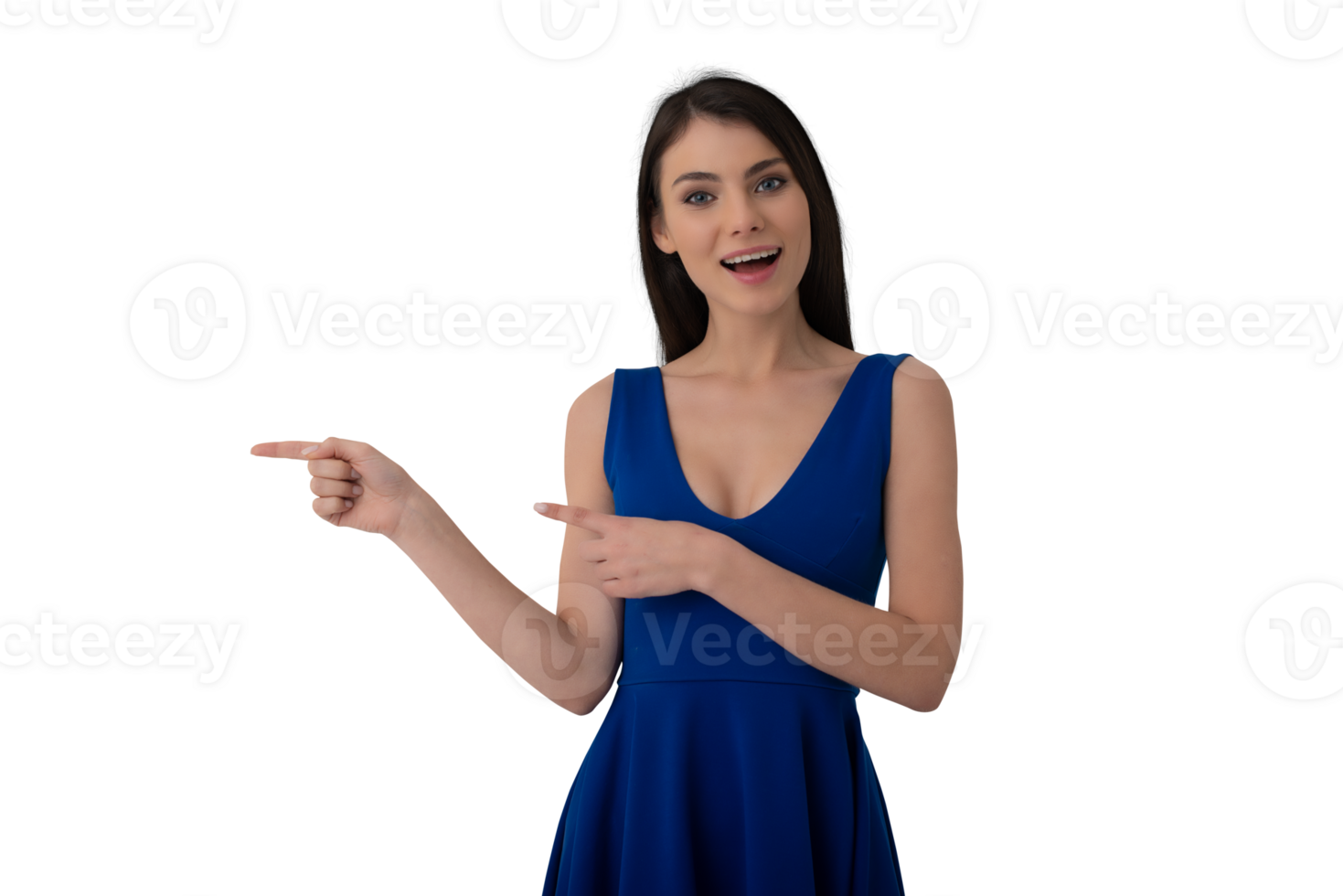 Isolated happy and joyful  woman indicates something png