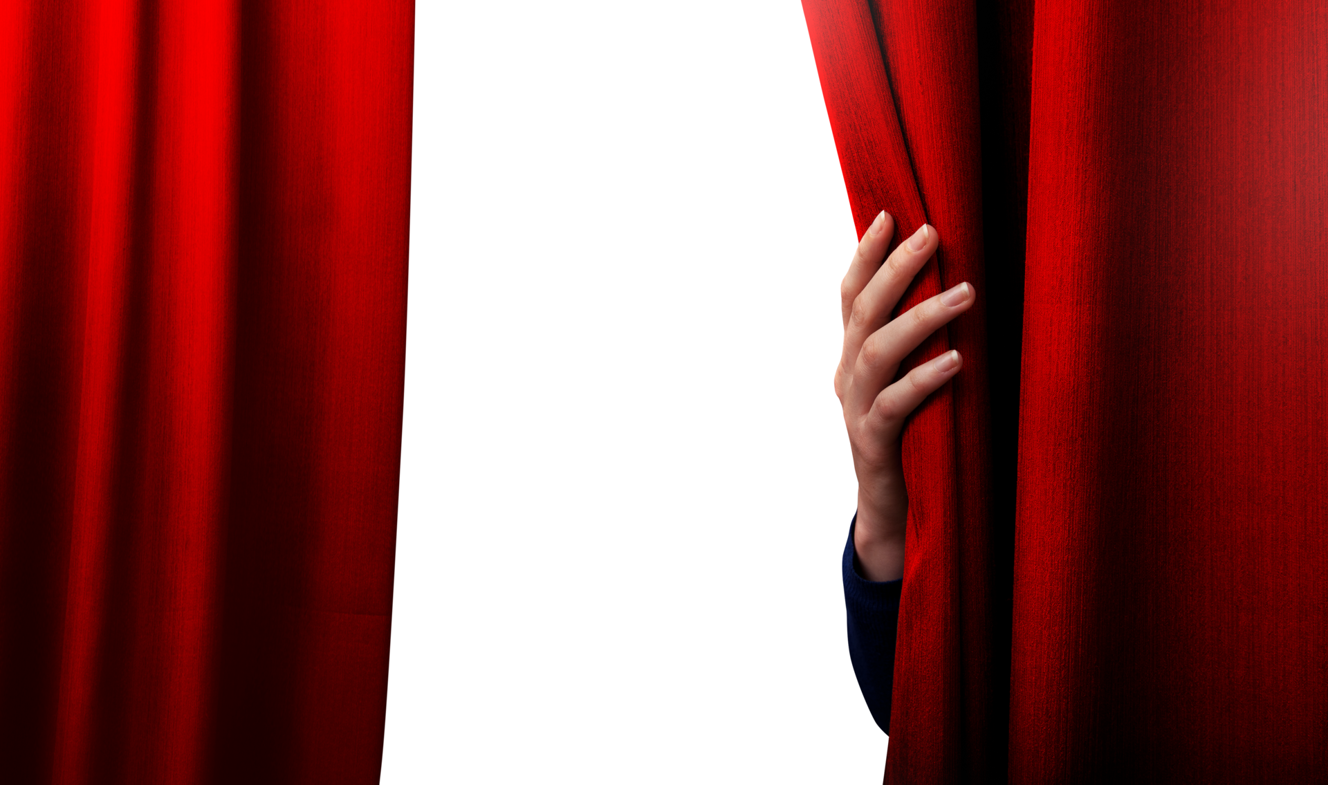 Hand are opening the curtain of a stage. the show is about to begin