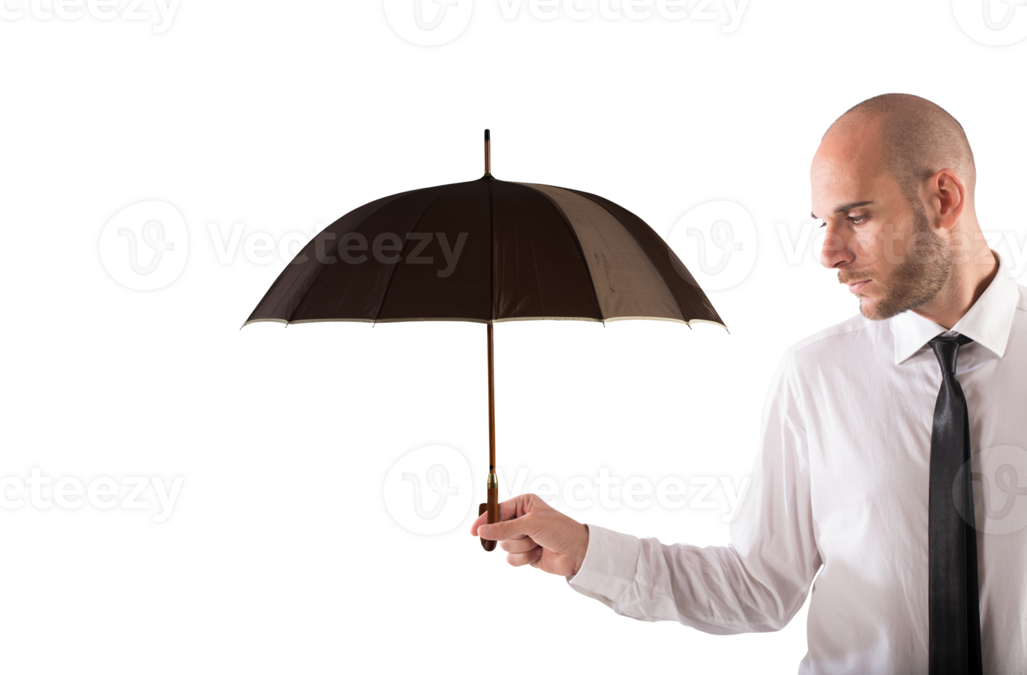Businessman holds an umbrella. Concept of help and insurance png