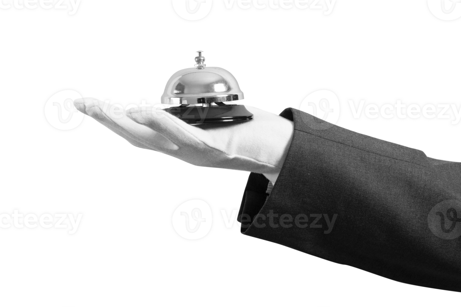 Waiter holds a bell in hand. Concept of first class service in your business png