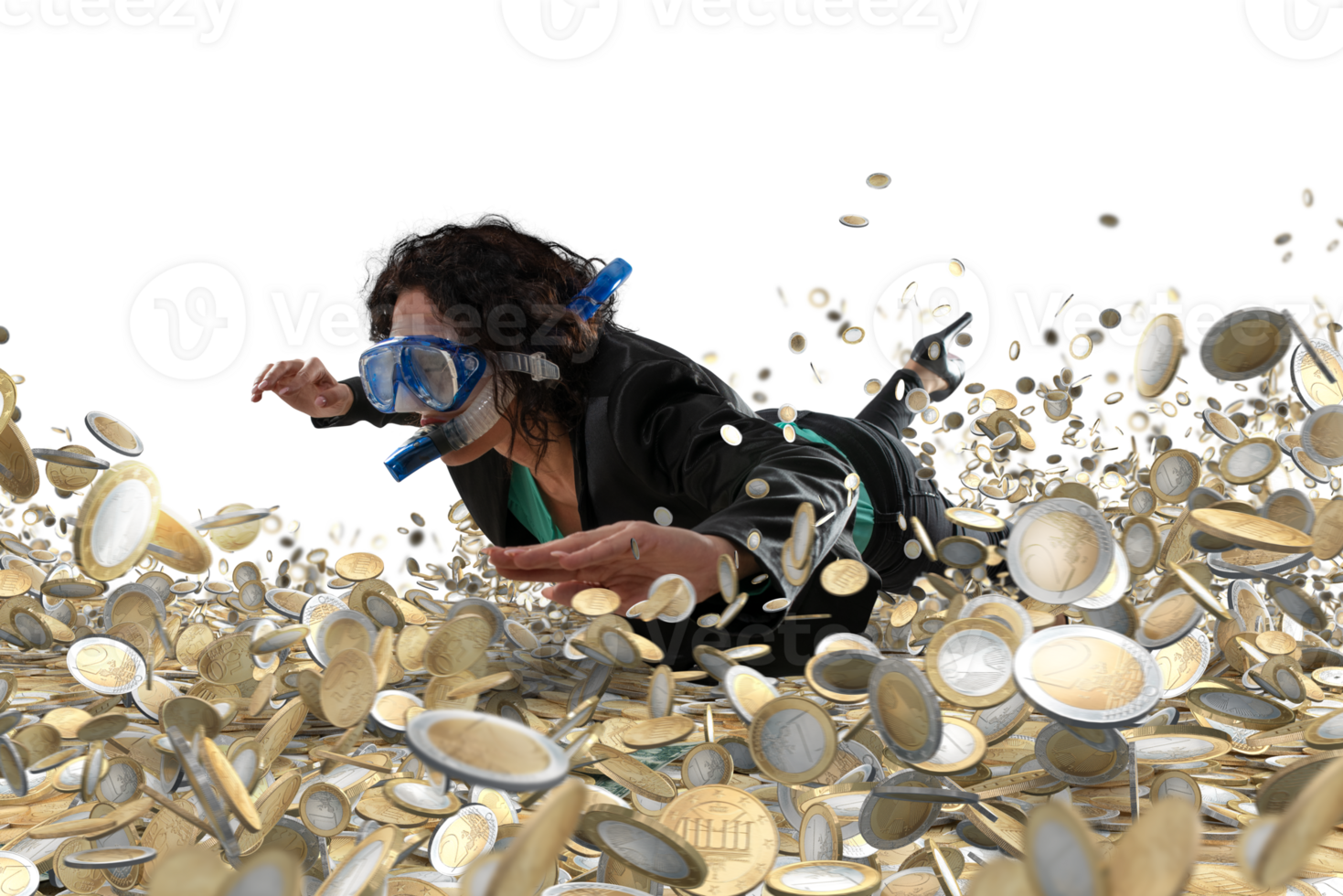 businesswoman with a mask swims in a ocean of coins png