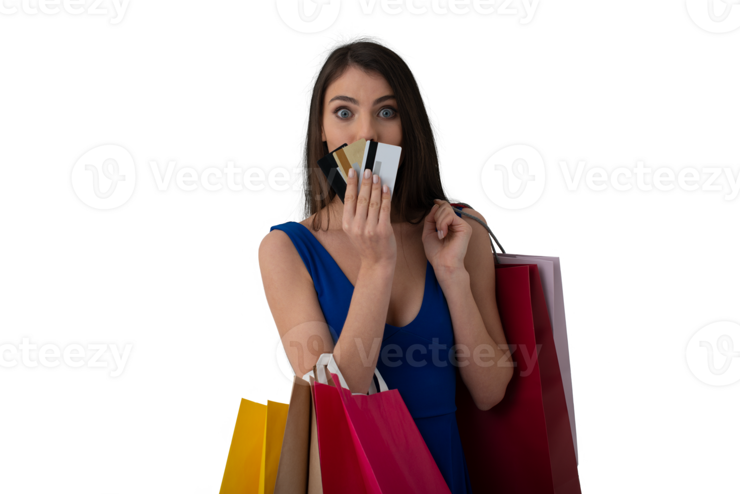 Happy  woman at the shopping center with shopping bags and credit card png