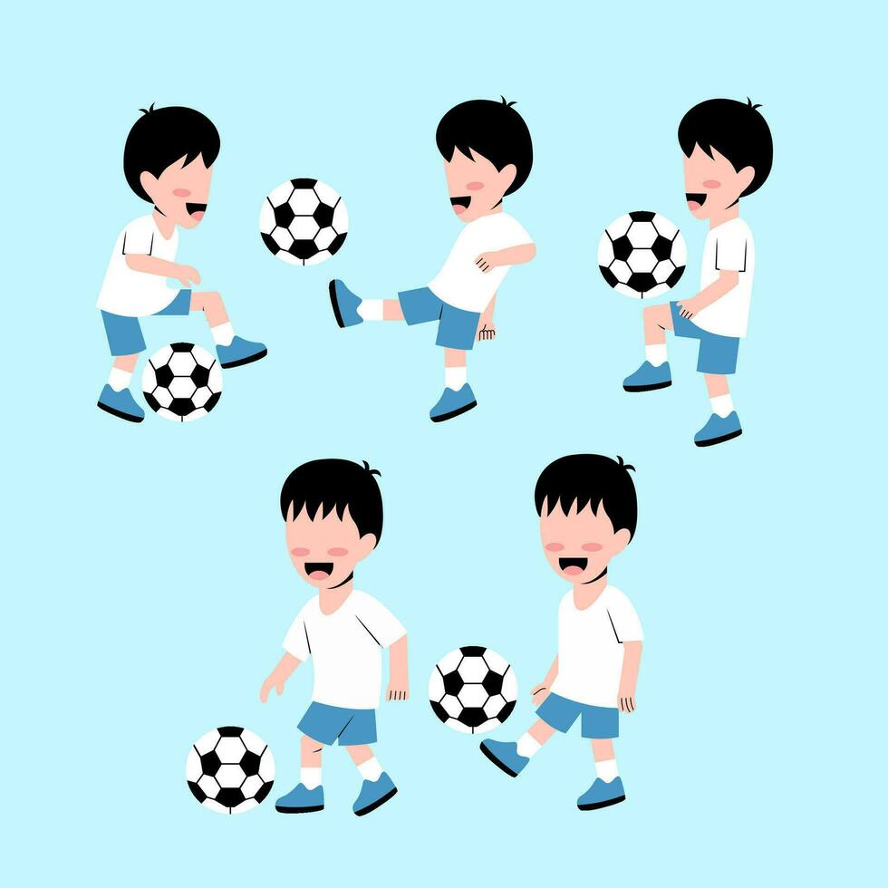 Set Of Little Boy Character Playing Football vector