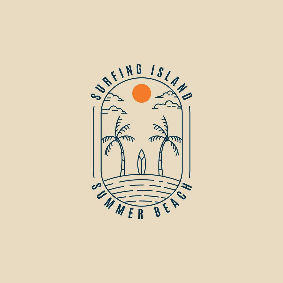 summer beach line art logo vector illustration design. surfing island emblem symbol. palm tree line art icon.