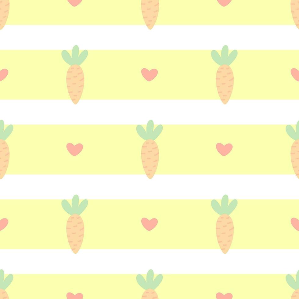 cute childish seamless pattern carrots and hearts in pastel colors on a background with yellow stripes vector
