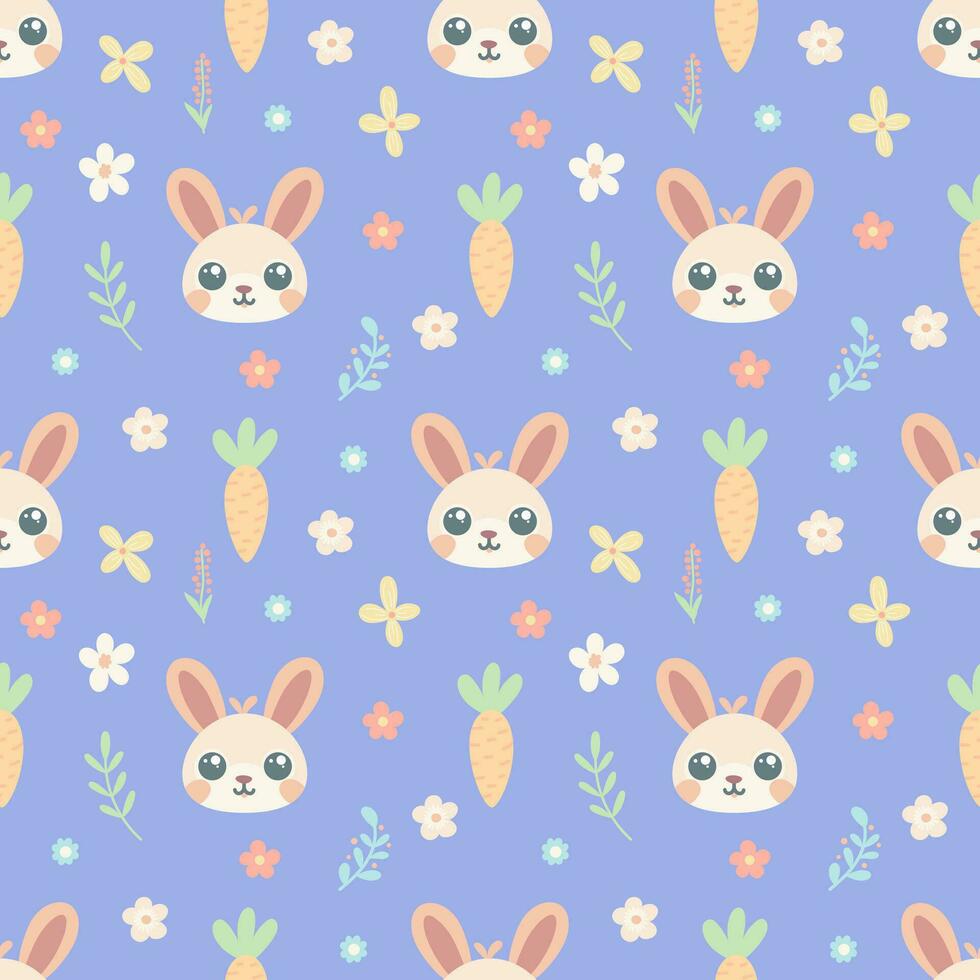 cute childish seamless pattern with bunny, carrot and flowers on a blue background vector