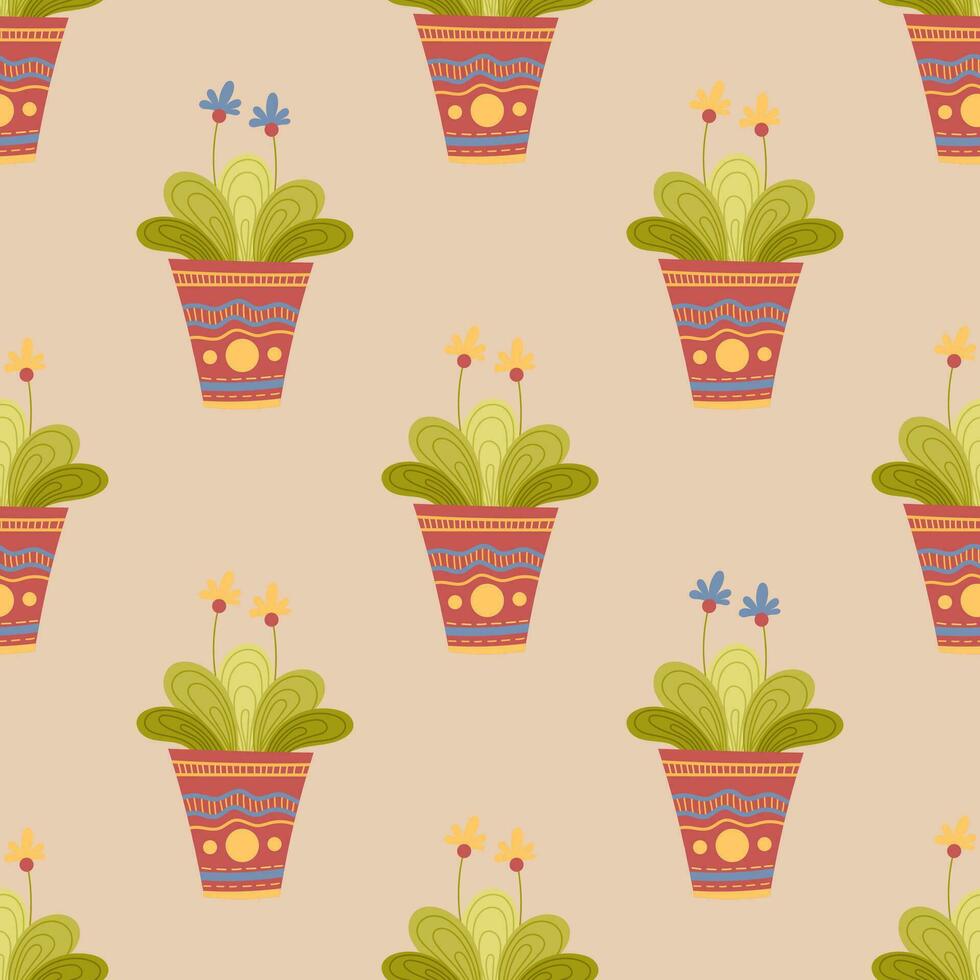 floral seamless pattern home plant with a flower in a red pot with an ornament on a light background vector