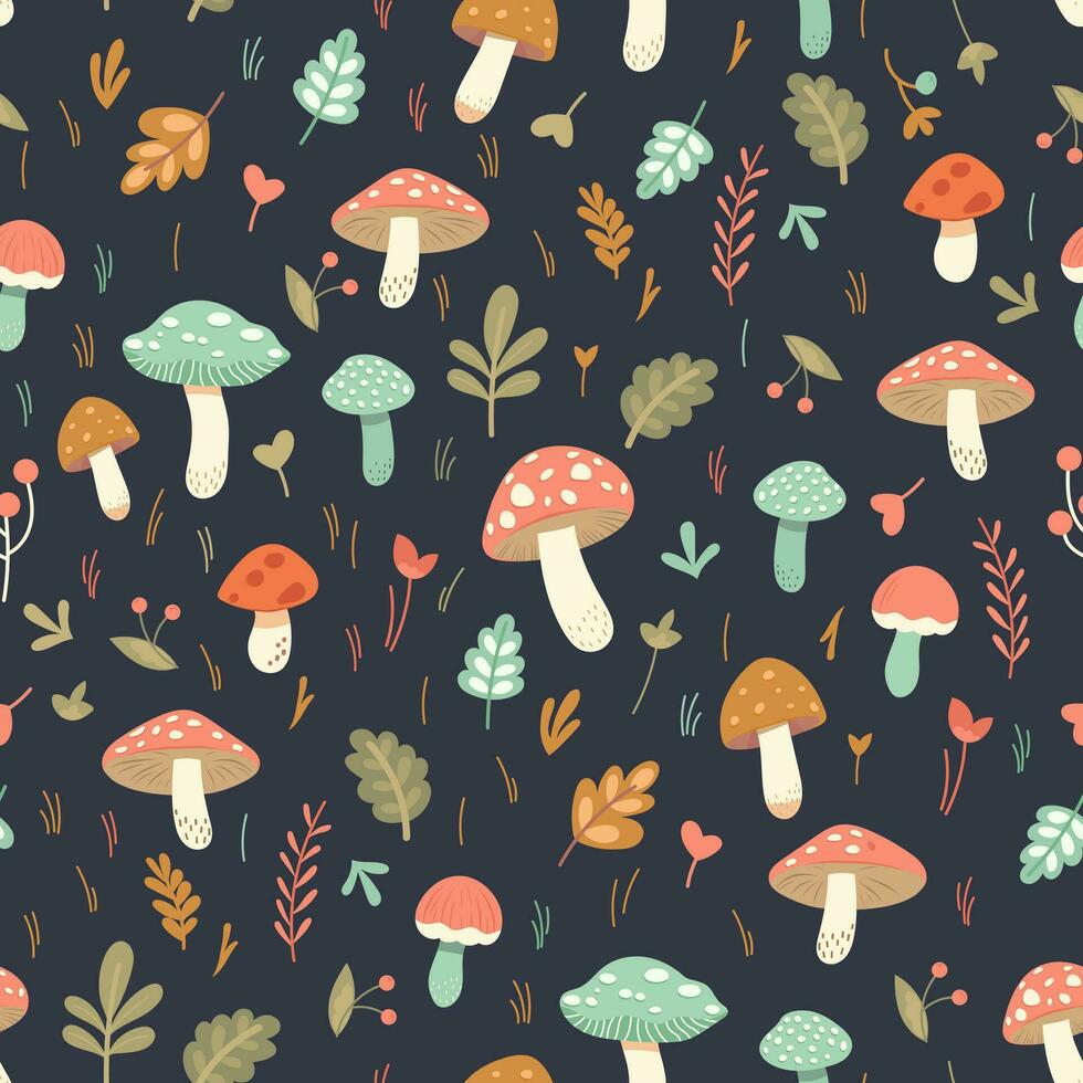 vector seamless autumn pattern with mushrooms and plants