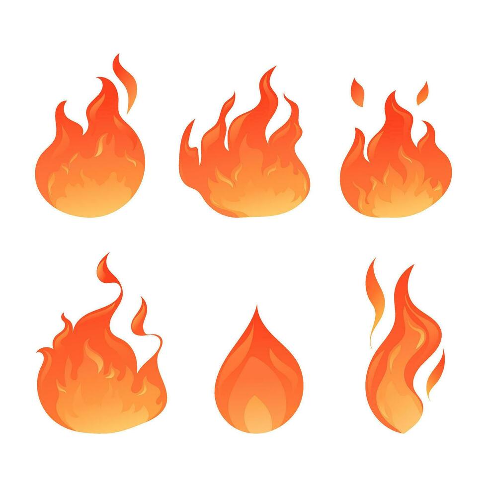 set of vector flare flames and bonfire, in red-orange colors, isolated on white background
