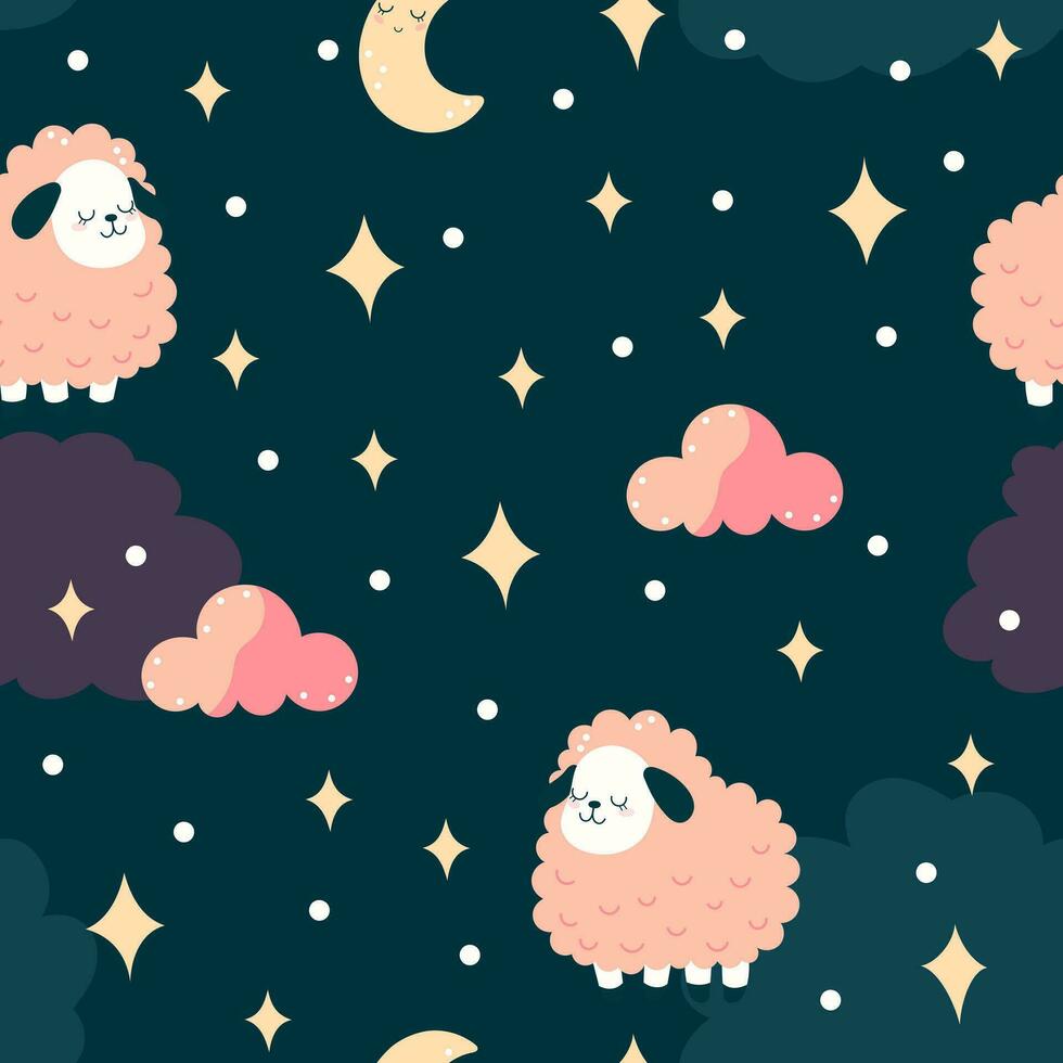 seamless pattern with pink cartoon sheep, clouds, stars and moon on a dark background vector