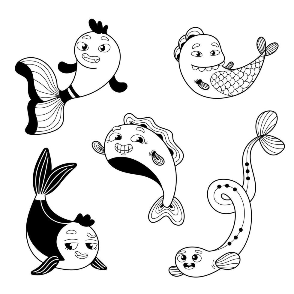 set of cartoon black and white fish in doodle style vector