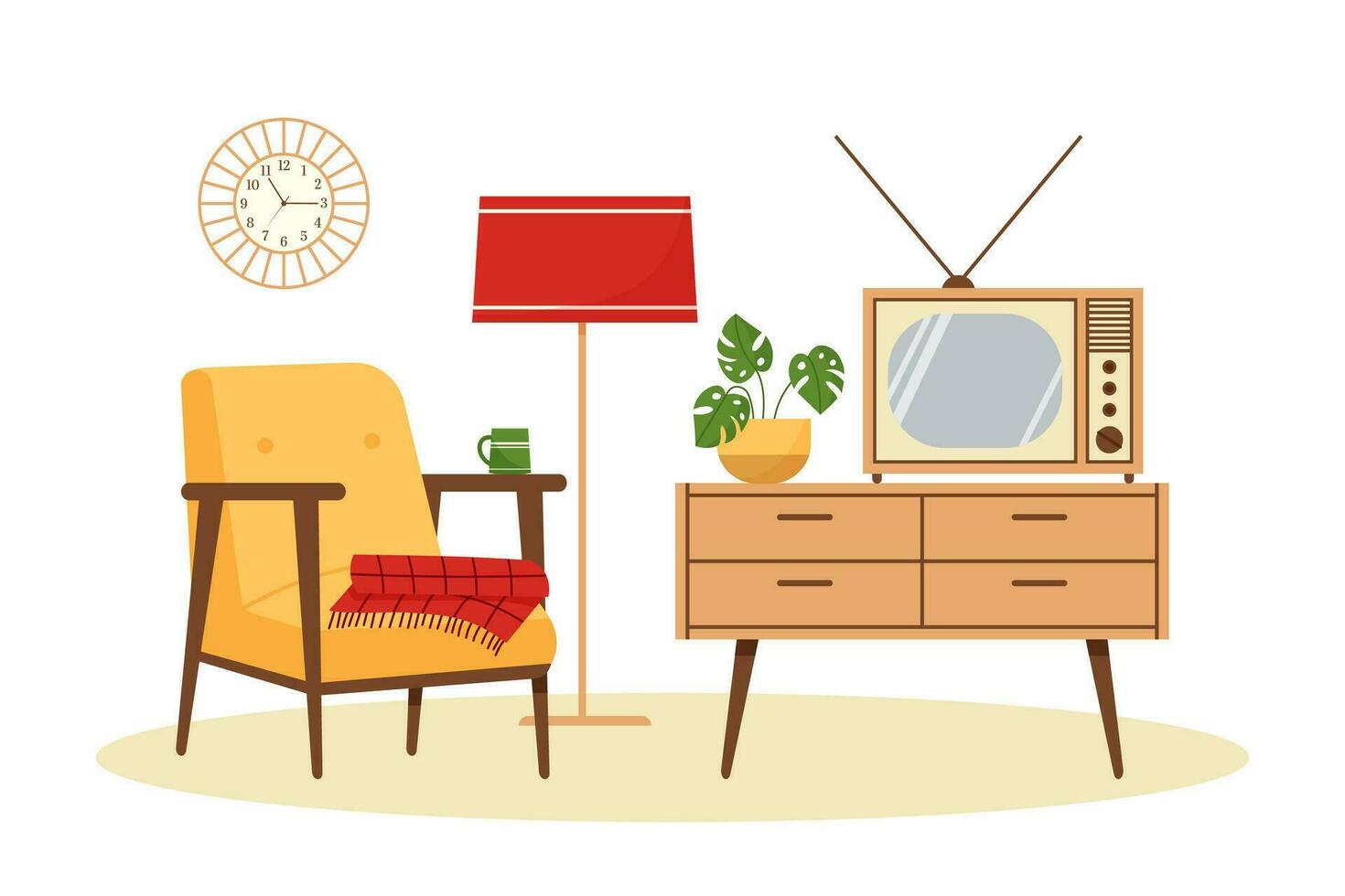 Vintage living room interior with armchair, TV, floor lamp, dresser. Retro furniture set in 60s style. Flat vector illustration.