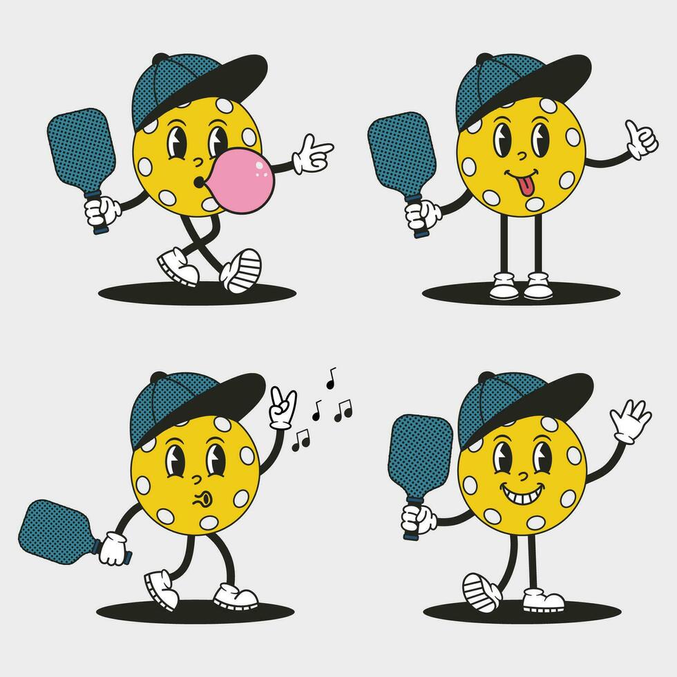 Pickleball ball character set. Funny groovy mascot in cap with racket. Trendy cartoon vector illustration.