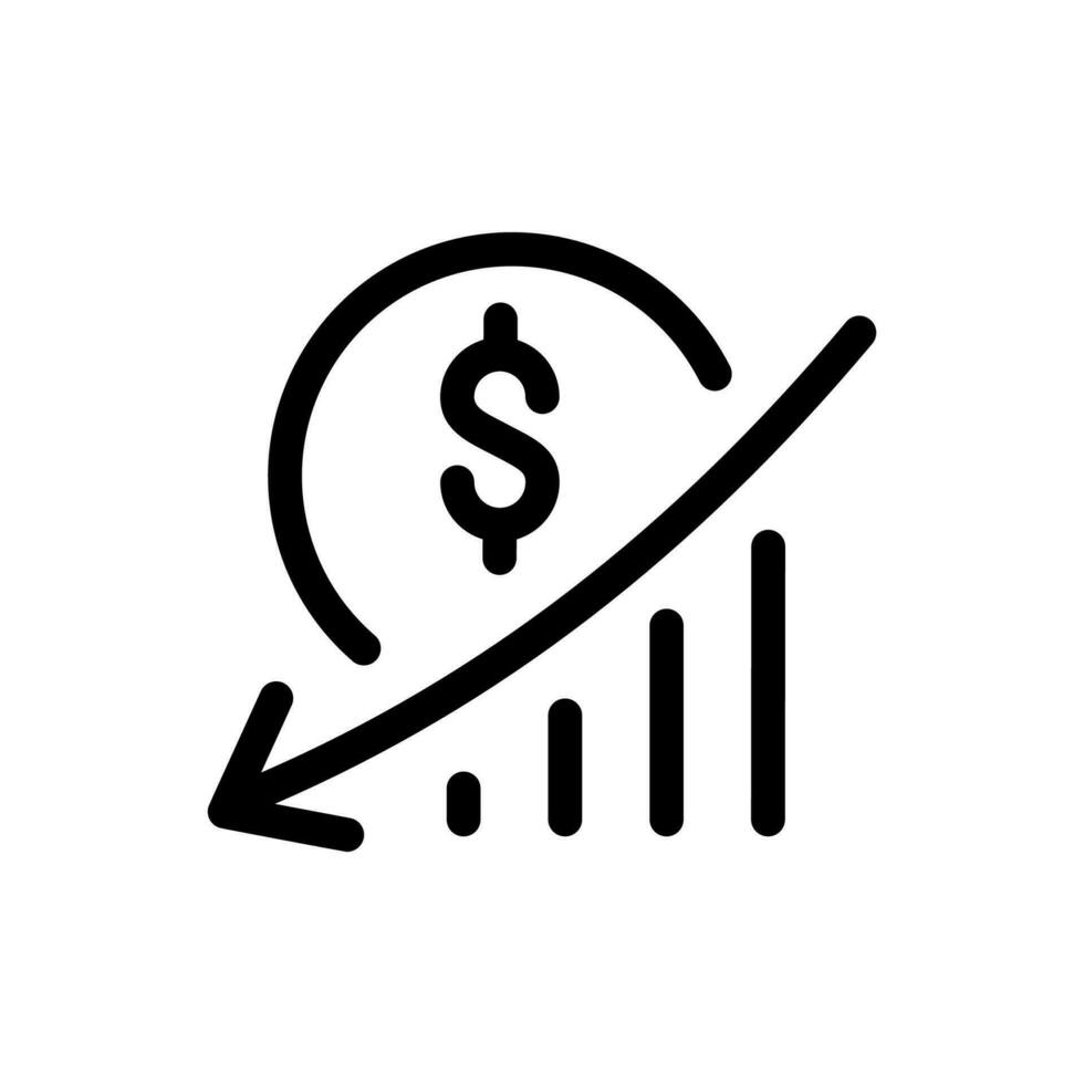 monoline vector diagrama con flecha y firmar dólar logo icono. grafico tendencias hacia abajo, flecha señalando abajo en grafico ilustración. símbolo fracasado negocio Finanzas inversión