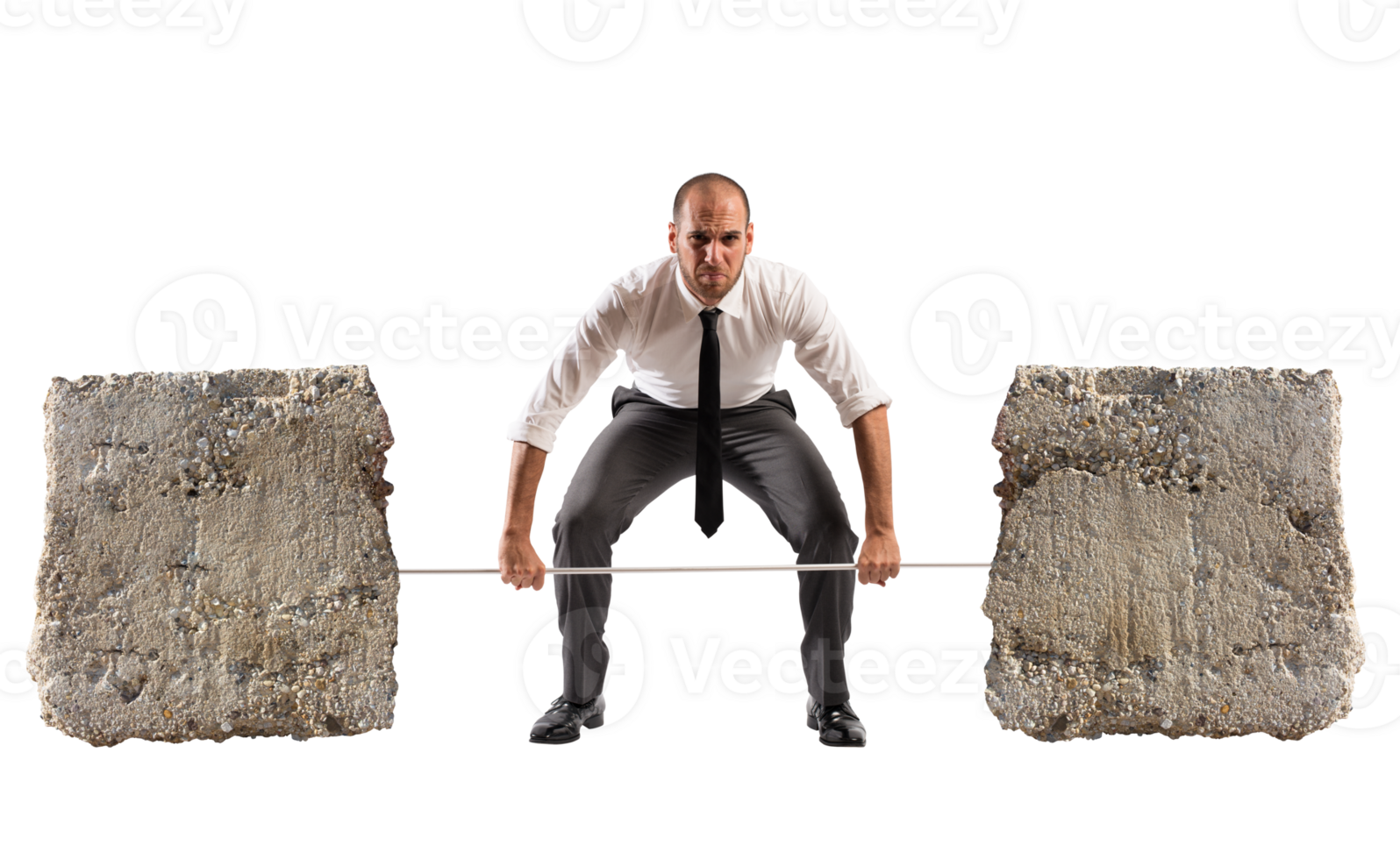 Powerful and determined  businessman trains with a barbell with stones png