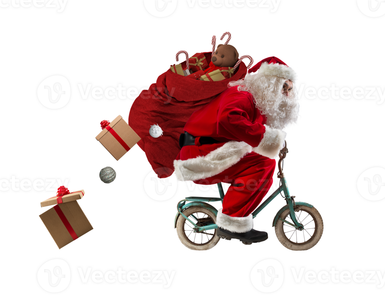 Santaclaus rides bike to deliver fast christmas gifts png