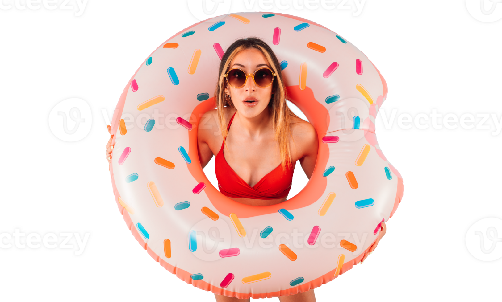 asombrado mujer salidas desde un inflable rosquilla png