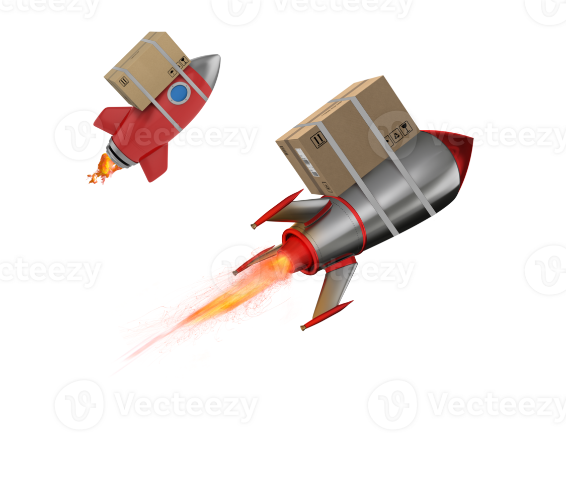 Carton box flies fast with rocket. concept of express and priority delivery png