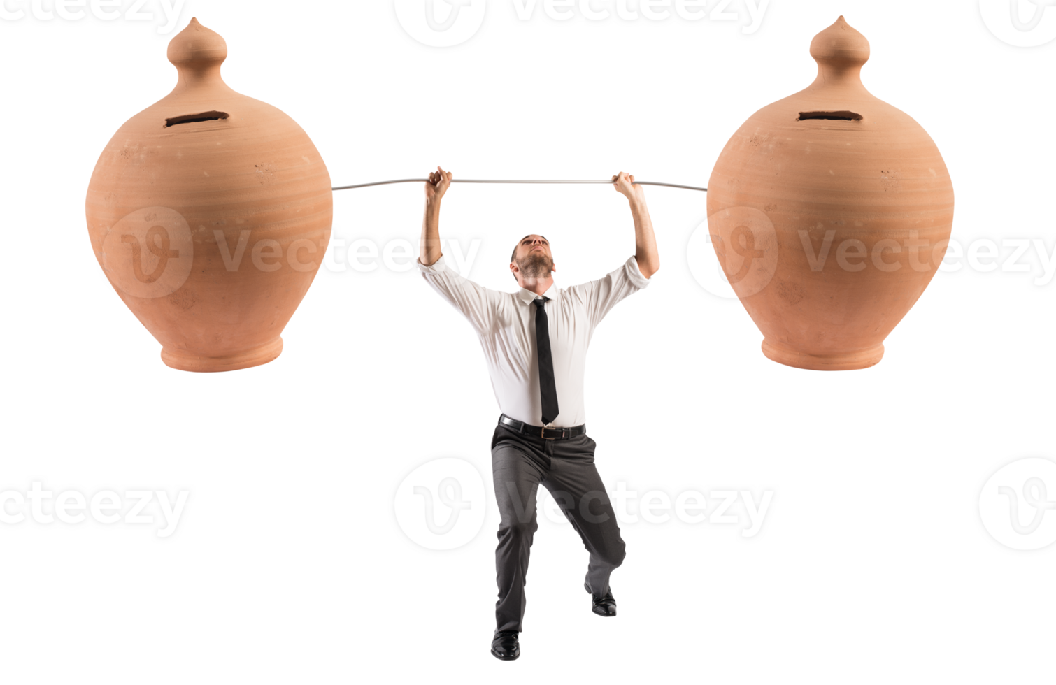 Powerful and determined  businessman trains with a barbell with piggy banks png