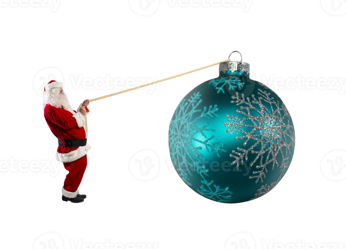 santa claus pulls a rope to move a big christmas ball png