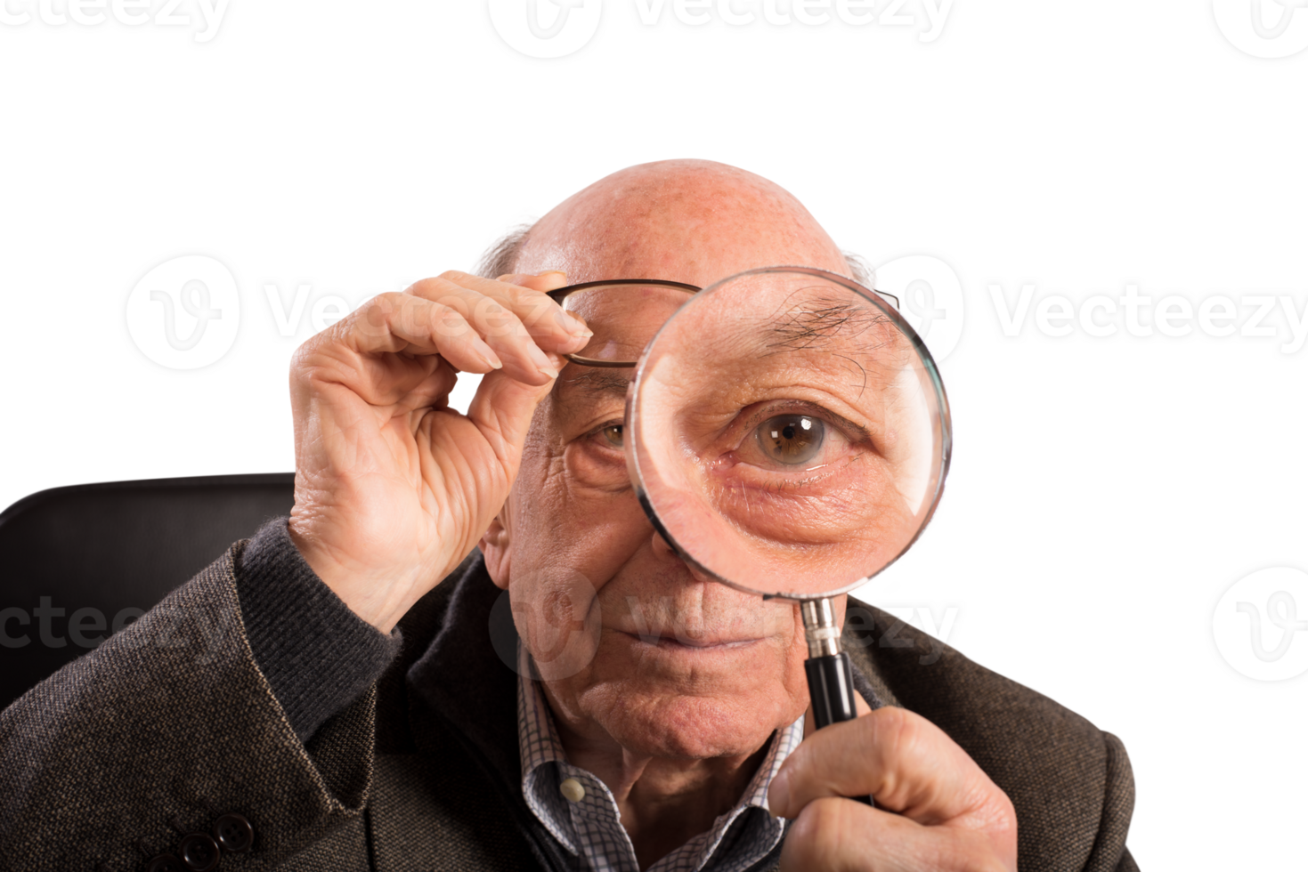 Elder magnifies to see better with a magnifying glass png