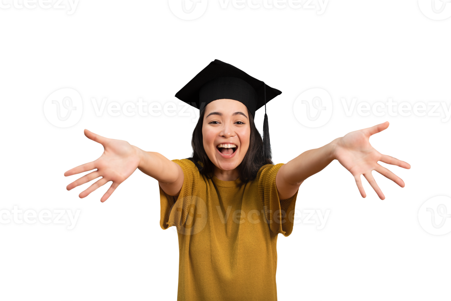 Woman is happy to have achieved graduation. Concept of success in studies png