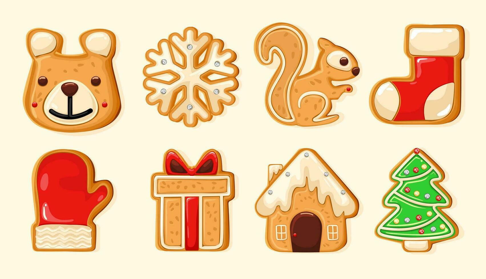 Set of cute gingerbread cookies for christmas. Christmas pastries. Biscuits. Isolated over white background. Vector illustration.