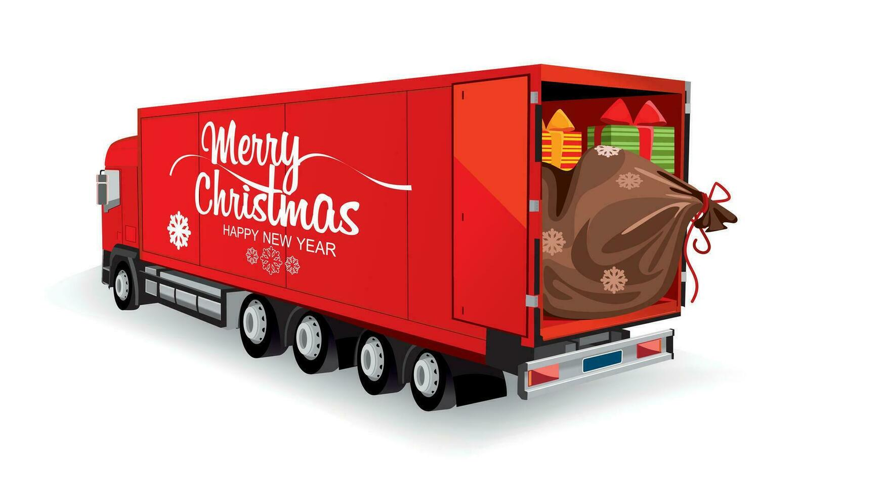 Christmas truck with santa bag and gifts, delivery isolated on white vector