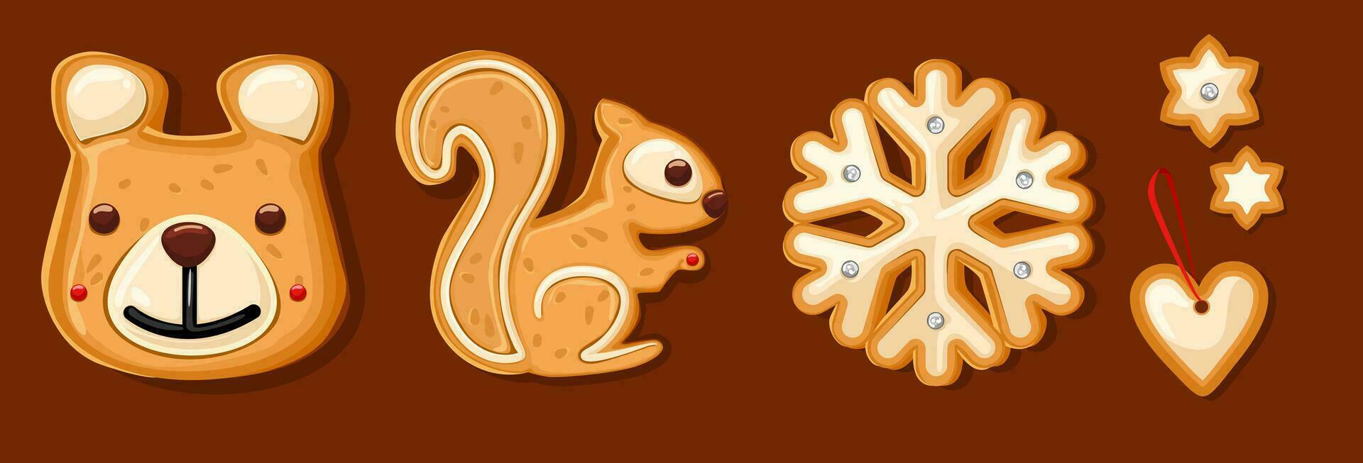 Set of gingerbread in the form of a bear, squirrel, snowflake, heart for the new year, christmas. Icon. vector