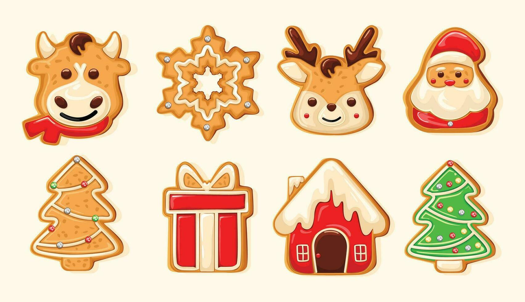 Set of cute gingerbread cookies for christmas. Christmas pastries. Biscuits. Isolated over white background. Vector illustration.