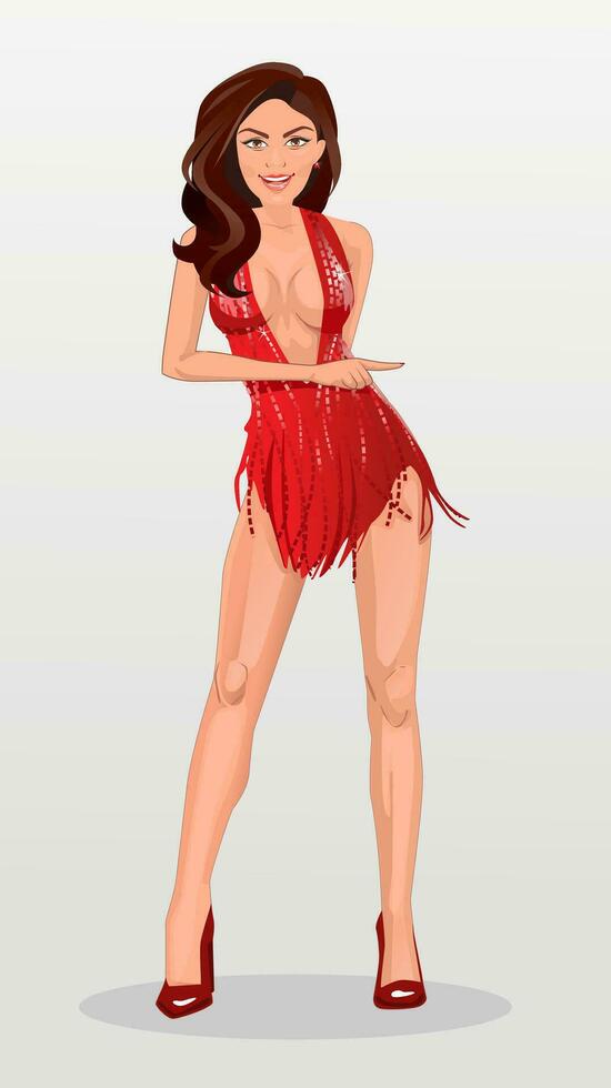 Beautiful sexy woman in a red dress, brunette in full growth, points a finger vector