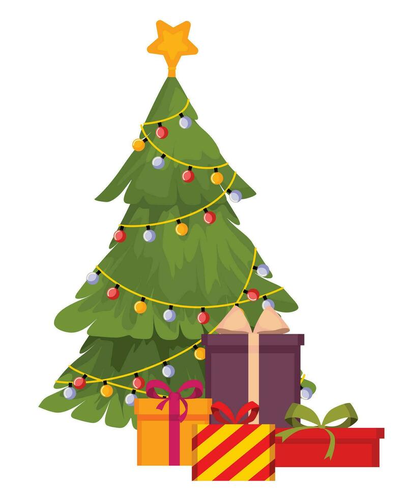 Christmas, New Year, Decorated Christmas tree, Santa Claus decorates the Christmas tree with a bunch of gifts. The holiday is coming. vector