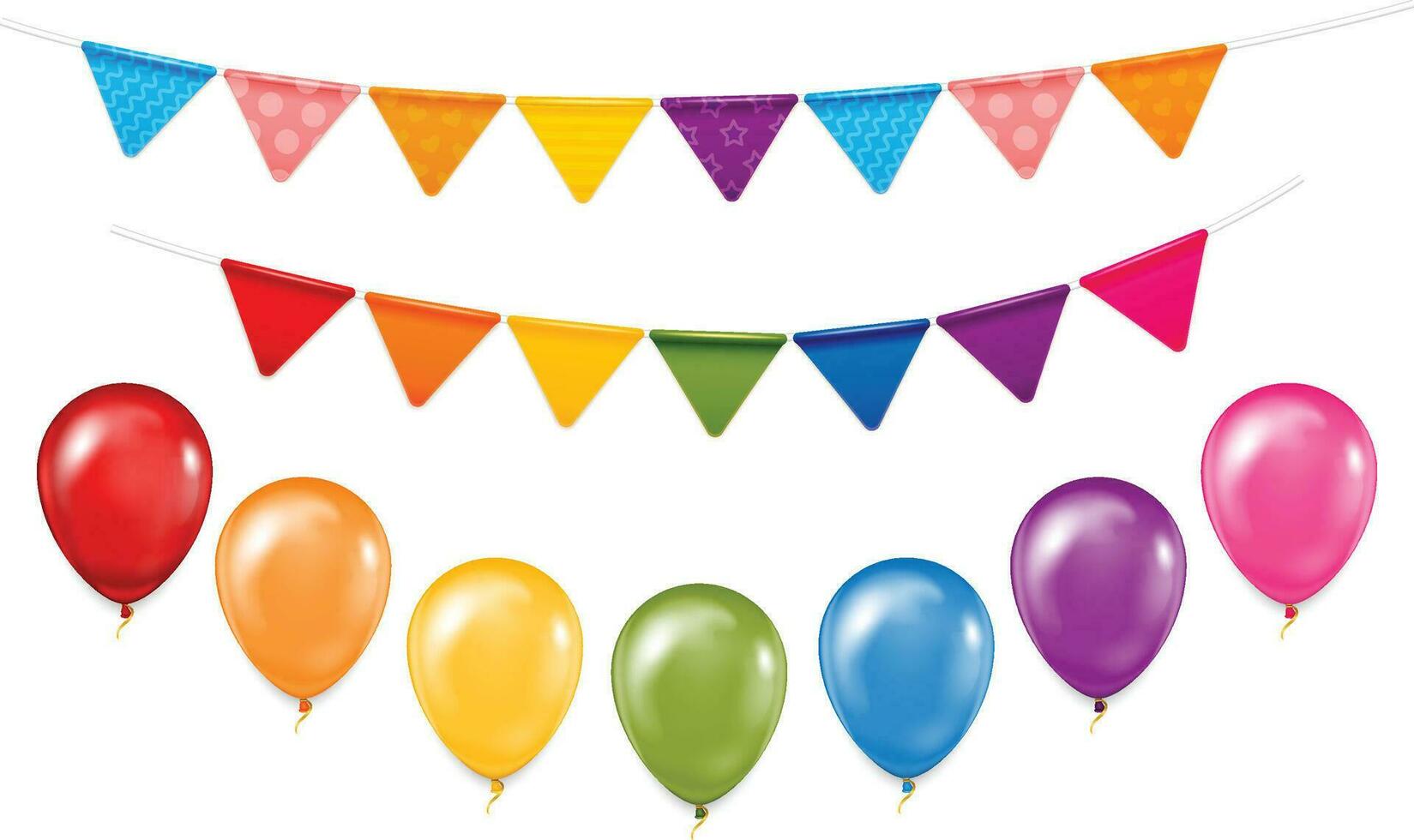 Set of colorful realistic balloons and party flags. vector