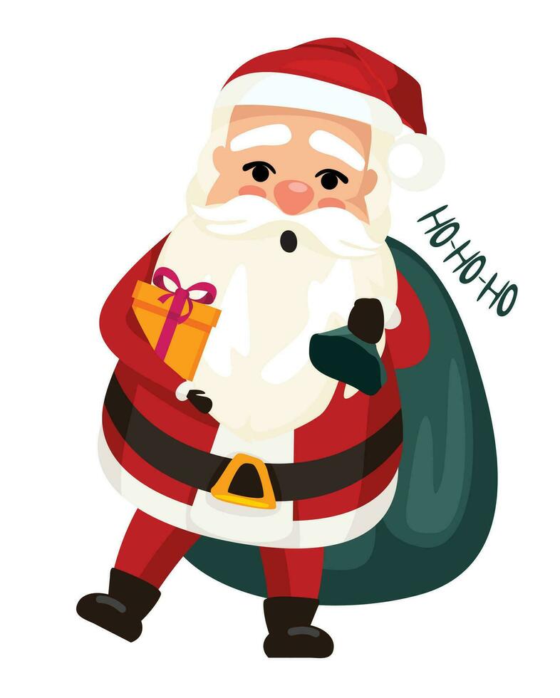 Papa Noel claus con un manojo de regalos, lleva, arrastra en un trineo. departamento, cardún, Navidad víspera y nuevo año. vector