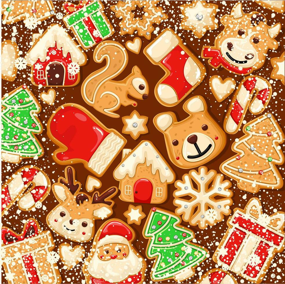Gingerbread background. Snowy background. gingerbread set. Perfect for Christmas banners, greeting cards, and presentations. Vector illustration.