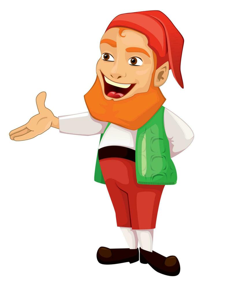 Christmas gnome, santa's helper, leprechaun. Indicates with his hand. vector on white background