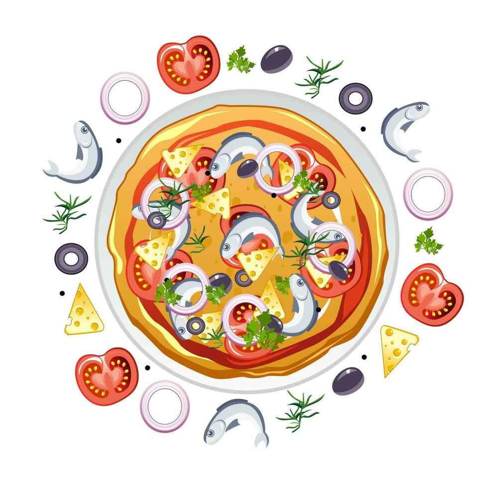 Fresh Pizza with various ingredients. vector