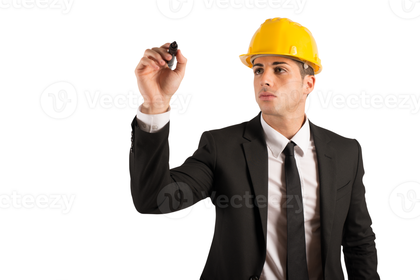 Architect with helmet draws something with a pen png