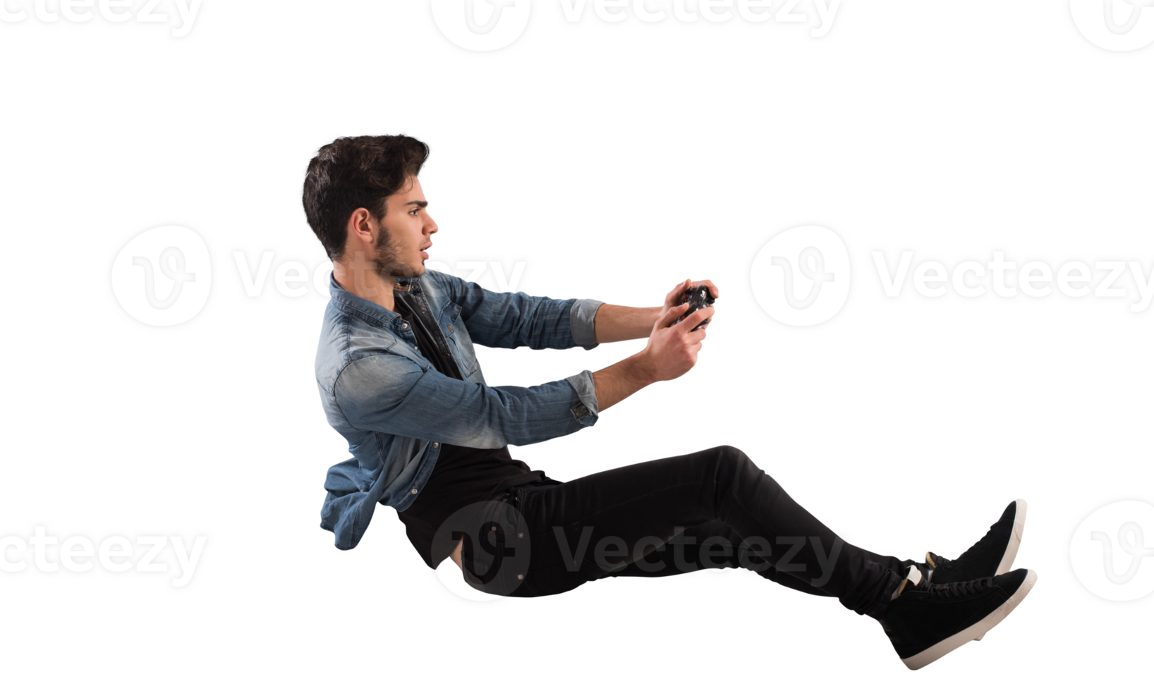 Young  man with game controller plays with a video game png