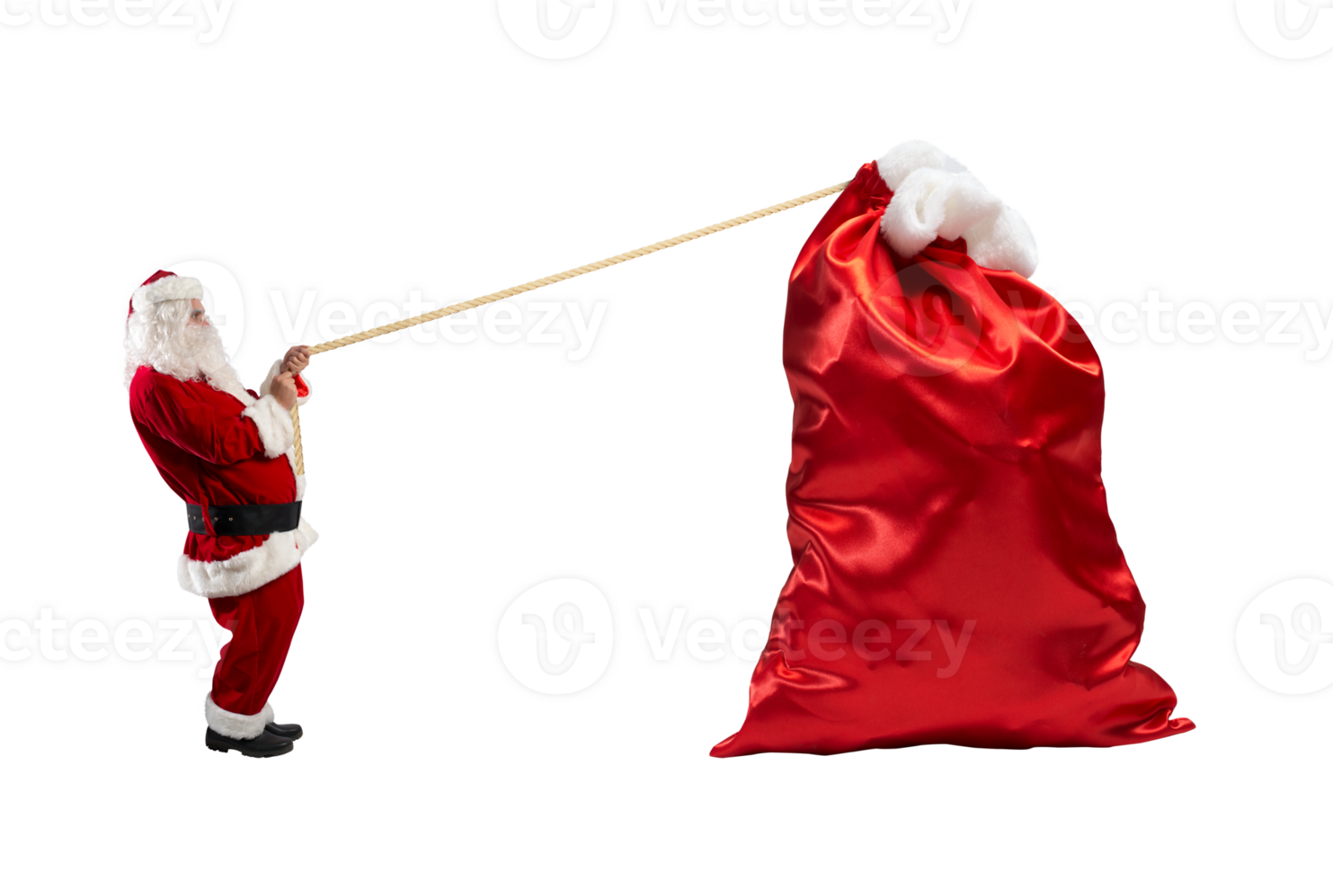 santa claus pulls a rope to move a big sack full of gifts png