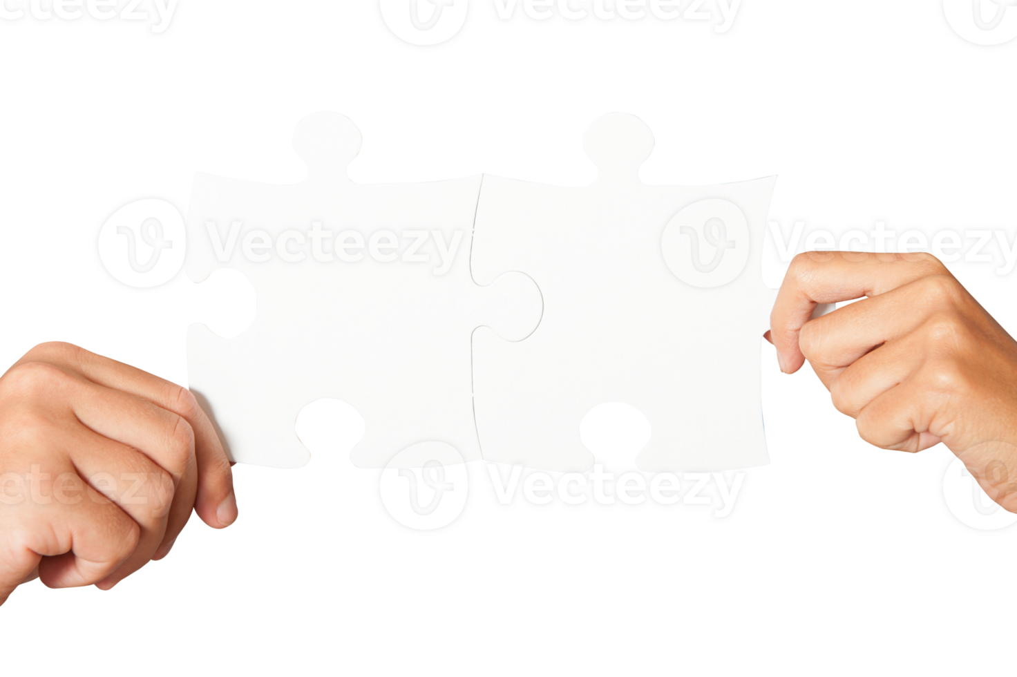 Two peoples join piece of puzzle as teamwork, partnership, integration concept png