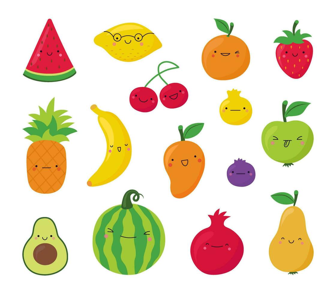 conjunto de linda Fruta caracteres en kawaii estilo aislado en blanco antecedentes. vector ilustración de dibujos animados sonriente Fruta caras.