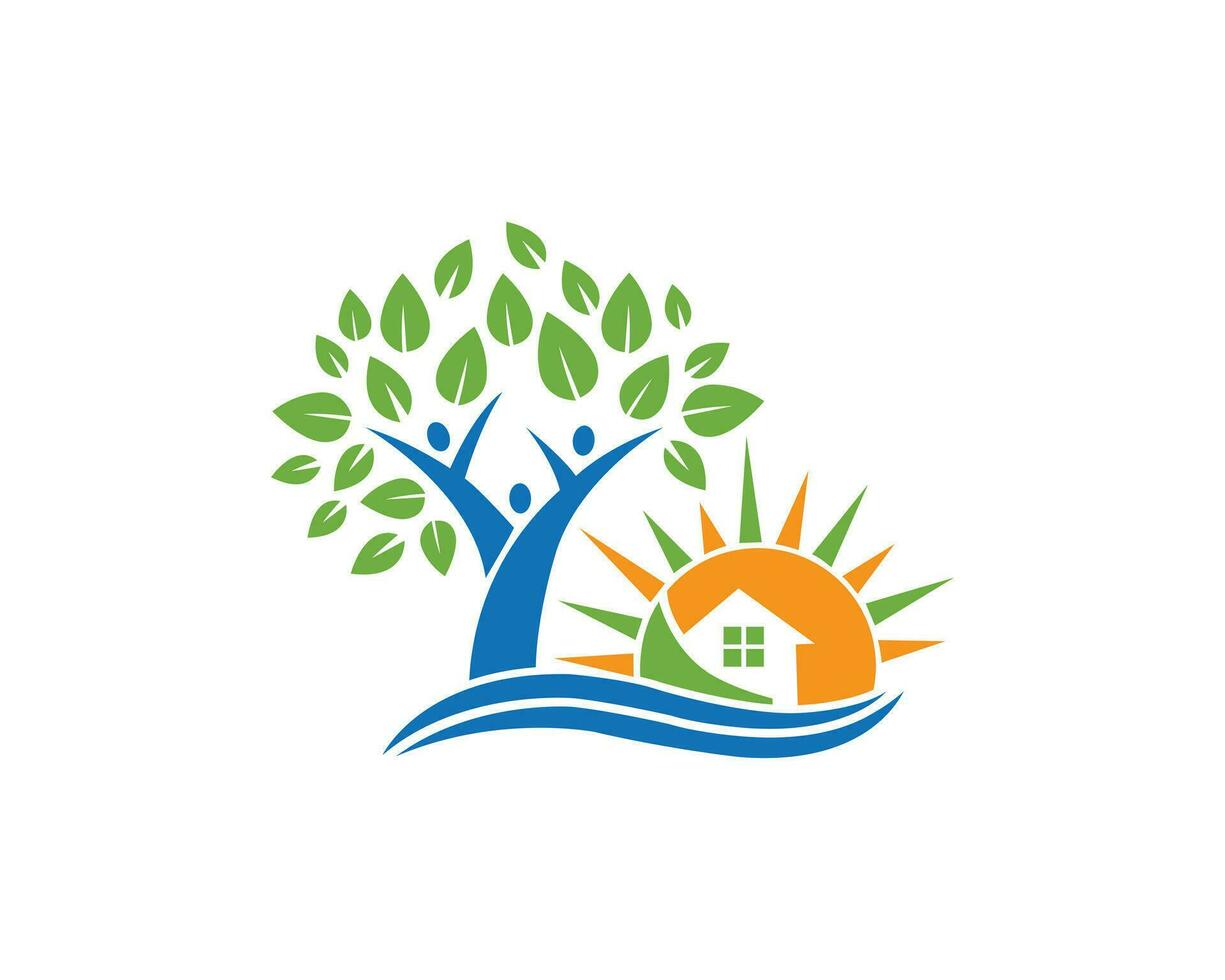 Tree People and Home Beach Sun Set Logo Design Symbol Vector Template.
