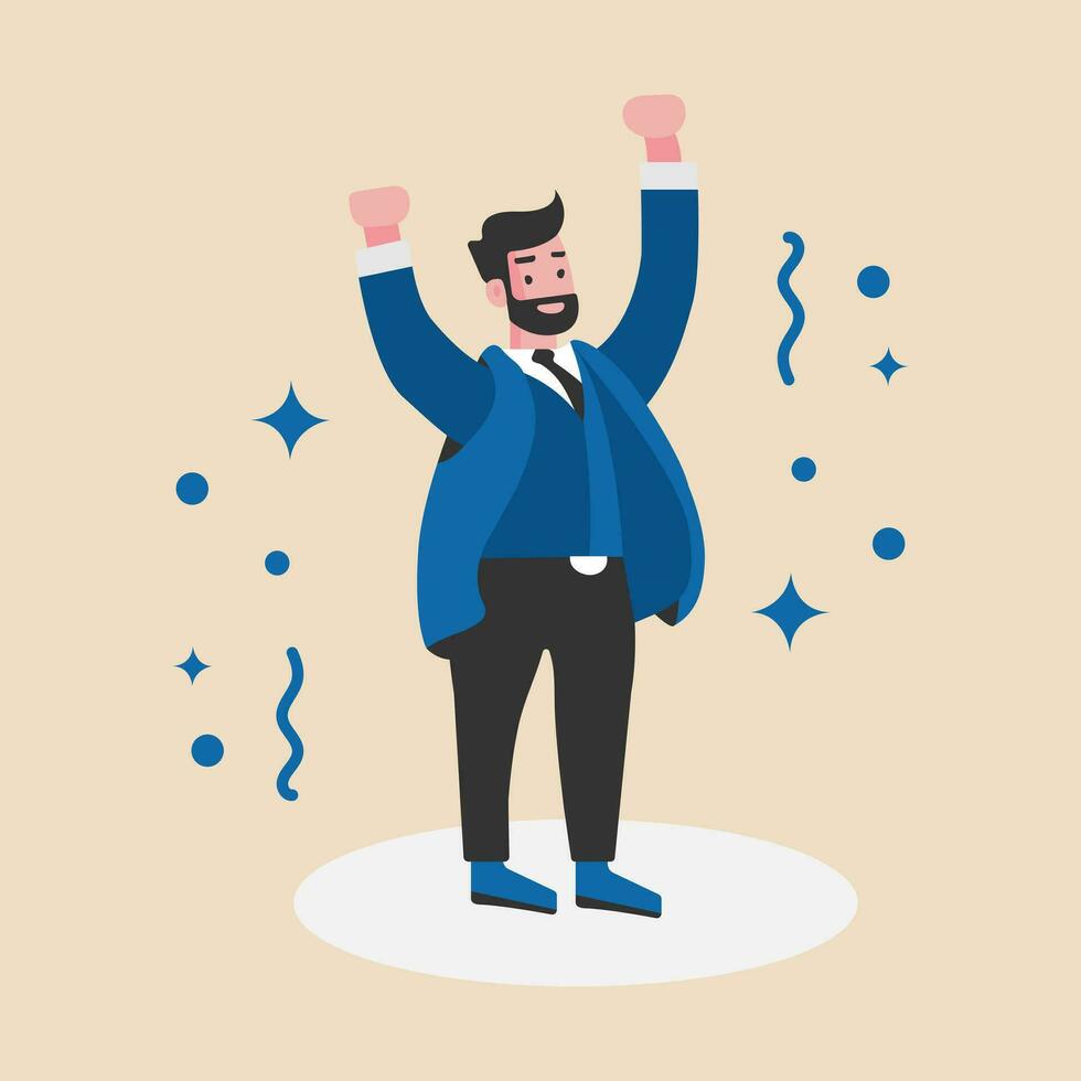 A business man celebrating his success by raising hand.Happy Emotion. Vector illustration. Flat design.